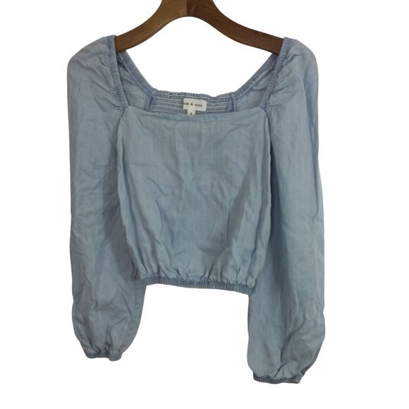 Cloth & Stone Cropped Smocked Back Puff Sleeve Chambray Shirt Top Blue Sz Small - Picture 1 of 13